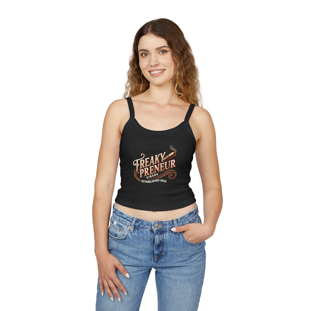 Ladies Spaghetti Tank Top — "FreakyPreNeur" Script Logo Crop with QR Code