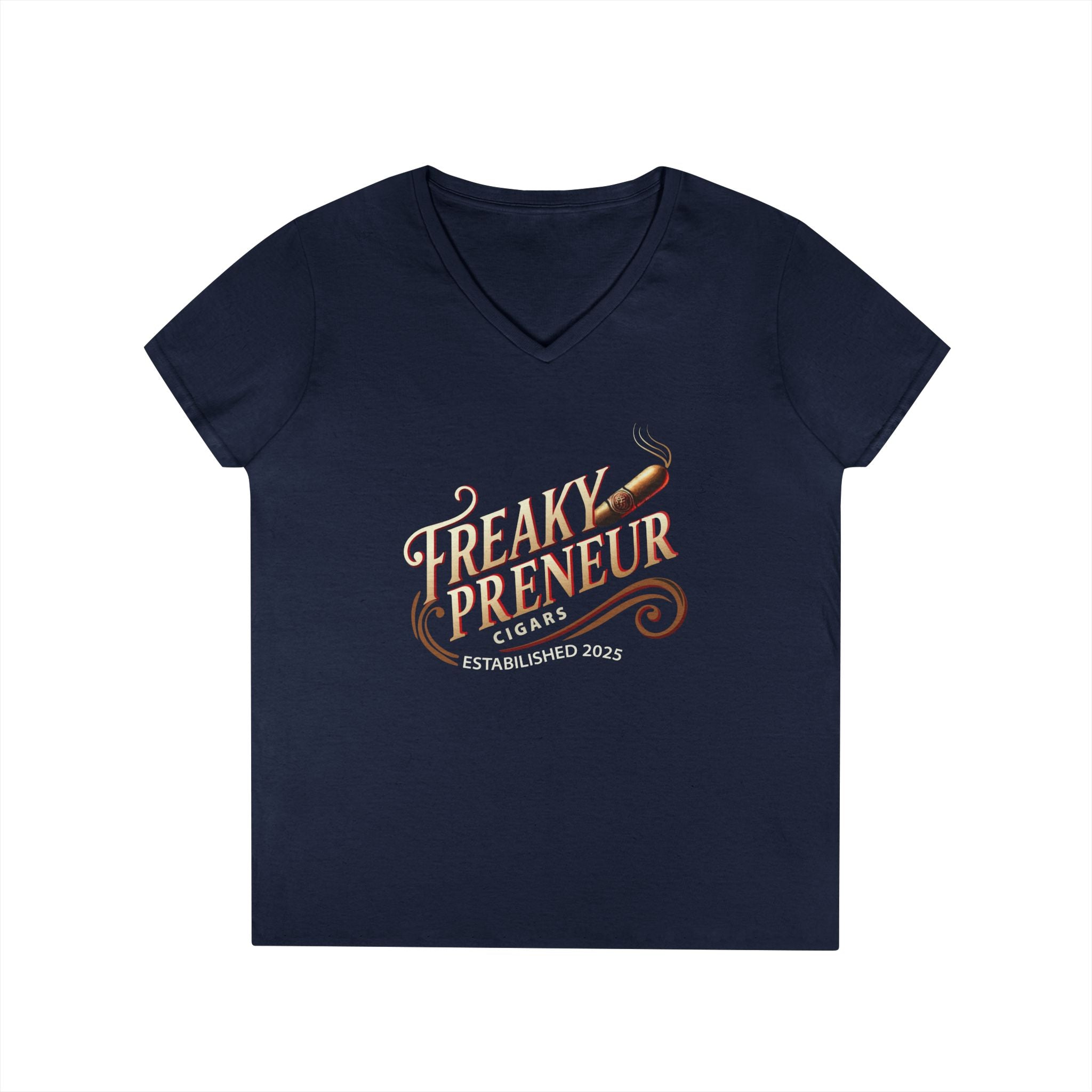 Freakypreneur V-Neck Tee — Women’s Entrepreneur T‑Shirt with Cigar Graphic & QR Code