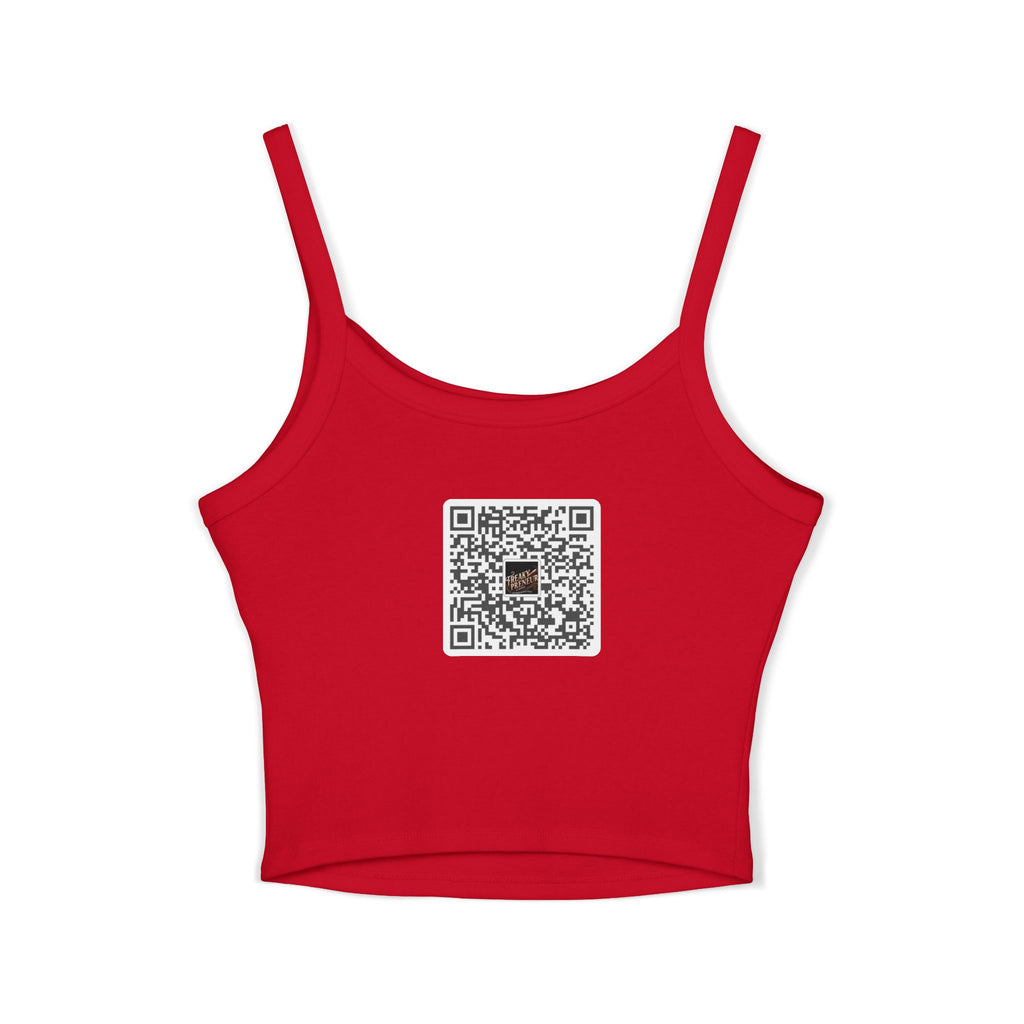 Ladies Spaghetti Tank Top — "FreakyPreNeur" Script Logo Crop with QR Code