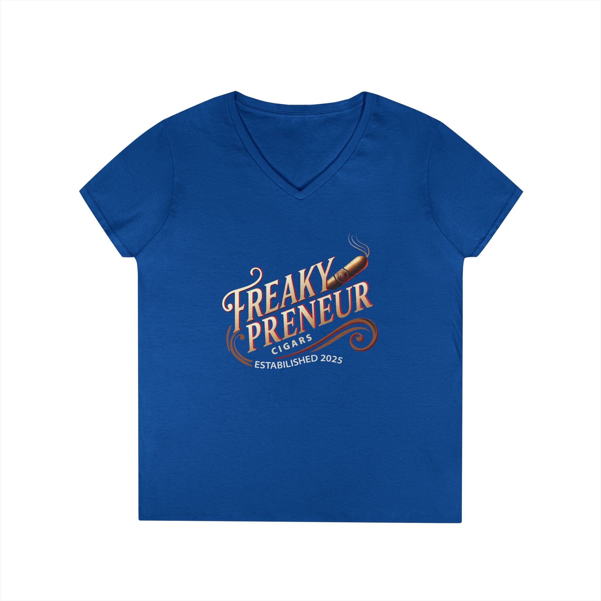 Freakypreneur V-Neck Tee — Women’s Entrepreneur T‑Shirt with Cigar Graphic & QR Code
