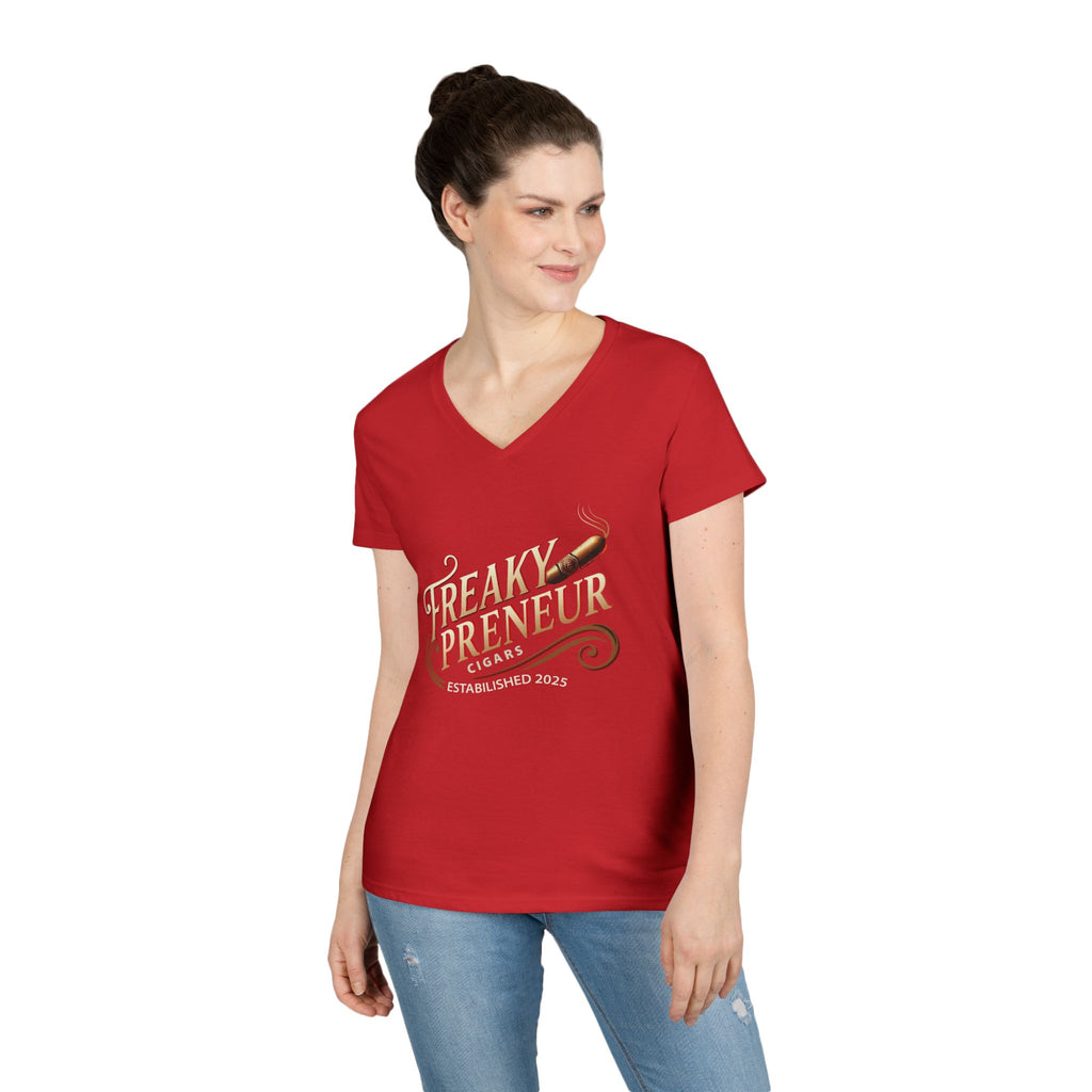 Freakypreneur V-Neck Tee — Women’s Entrepreneur T‑Shirt with Cigar Graphic & QR Code