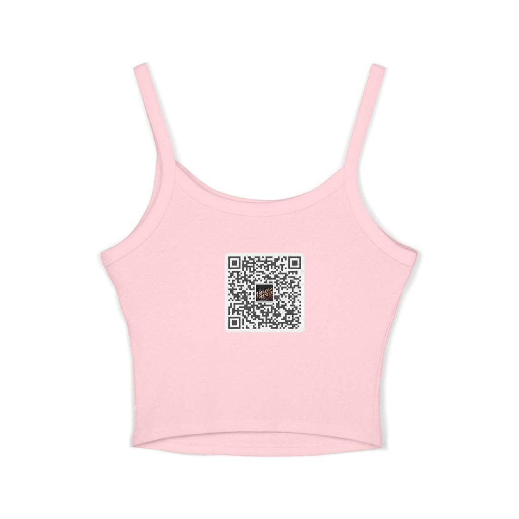 Ladies Spaghetti Tank Top — "FreakyPreNeur" Script Logo Crop with QR Code