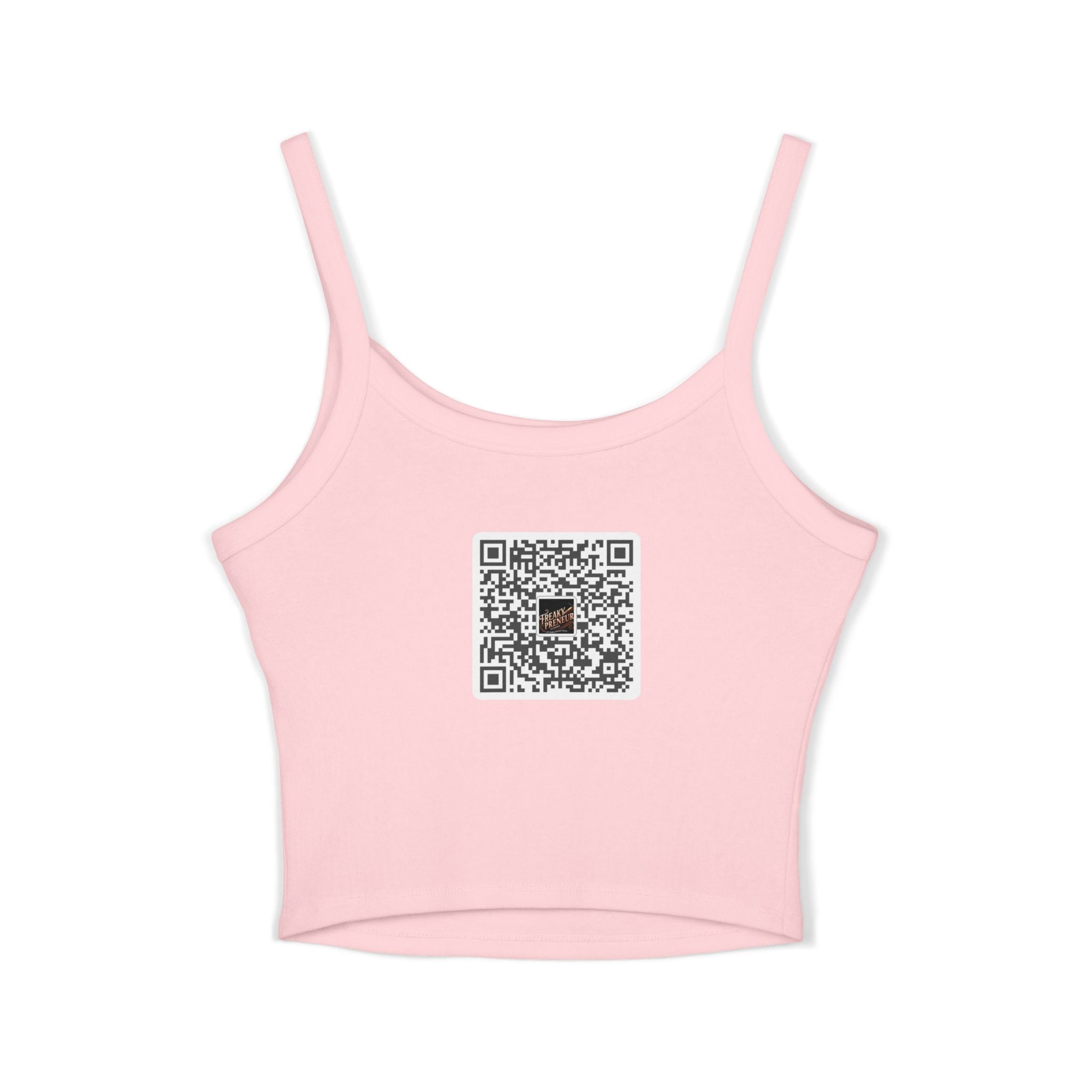 Ladies Spaghetti Tank Top — "FreakyPreNeur" Script Logo Crop with QR Code