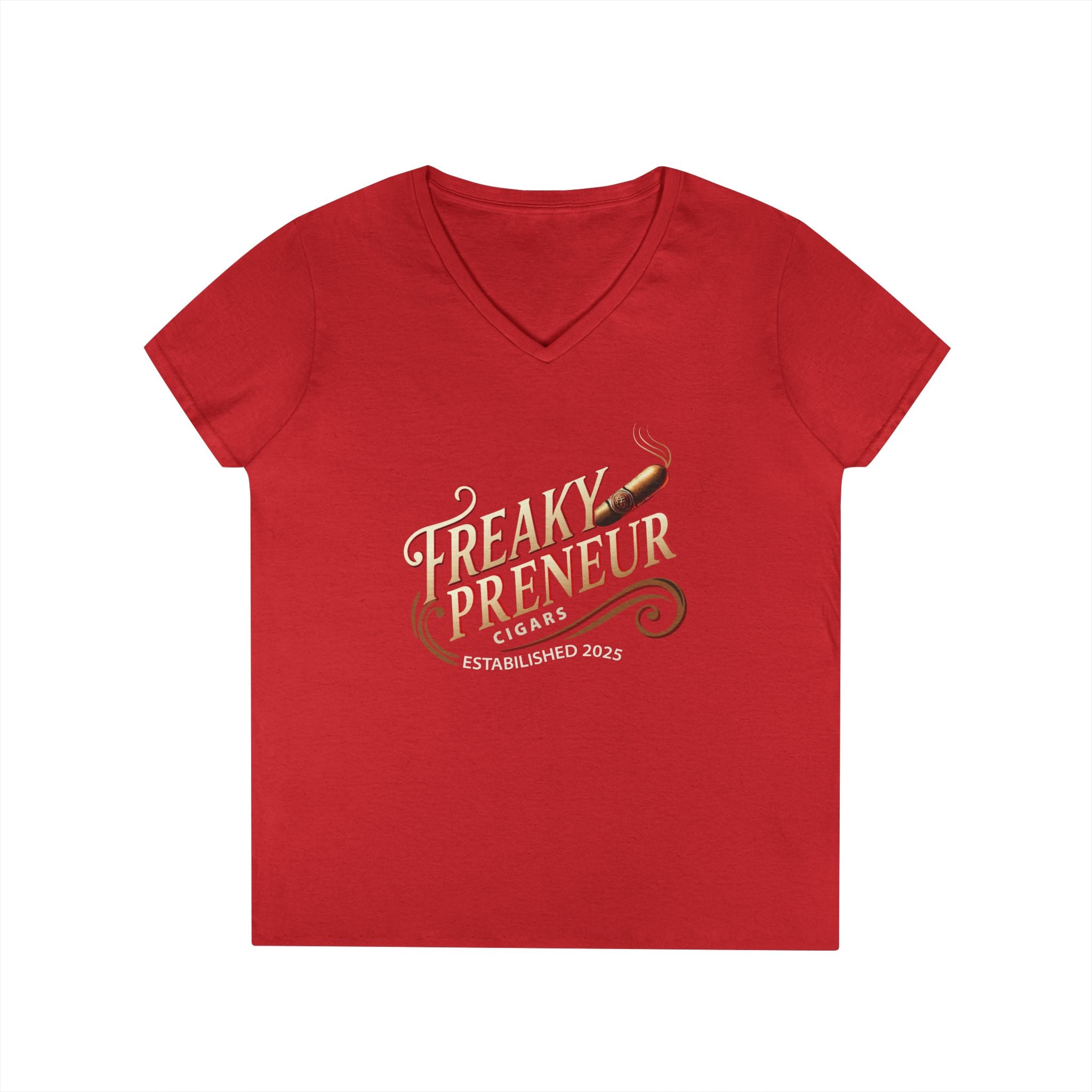 Freakypreneur V-Neck Tee — Women’s Entrepreneur T‑Shirt with Cigar Graphic & QR Code