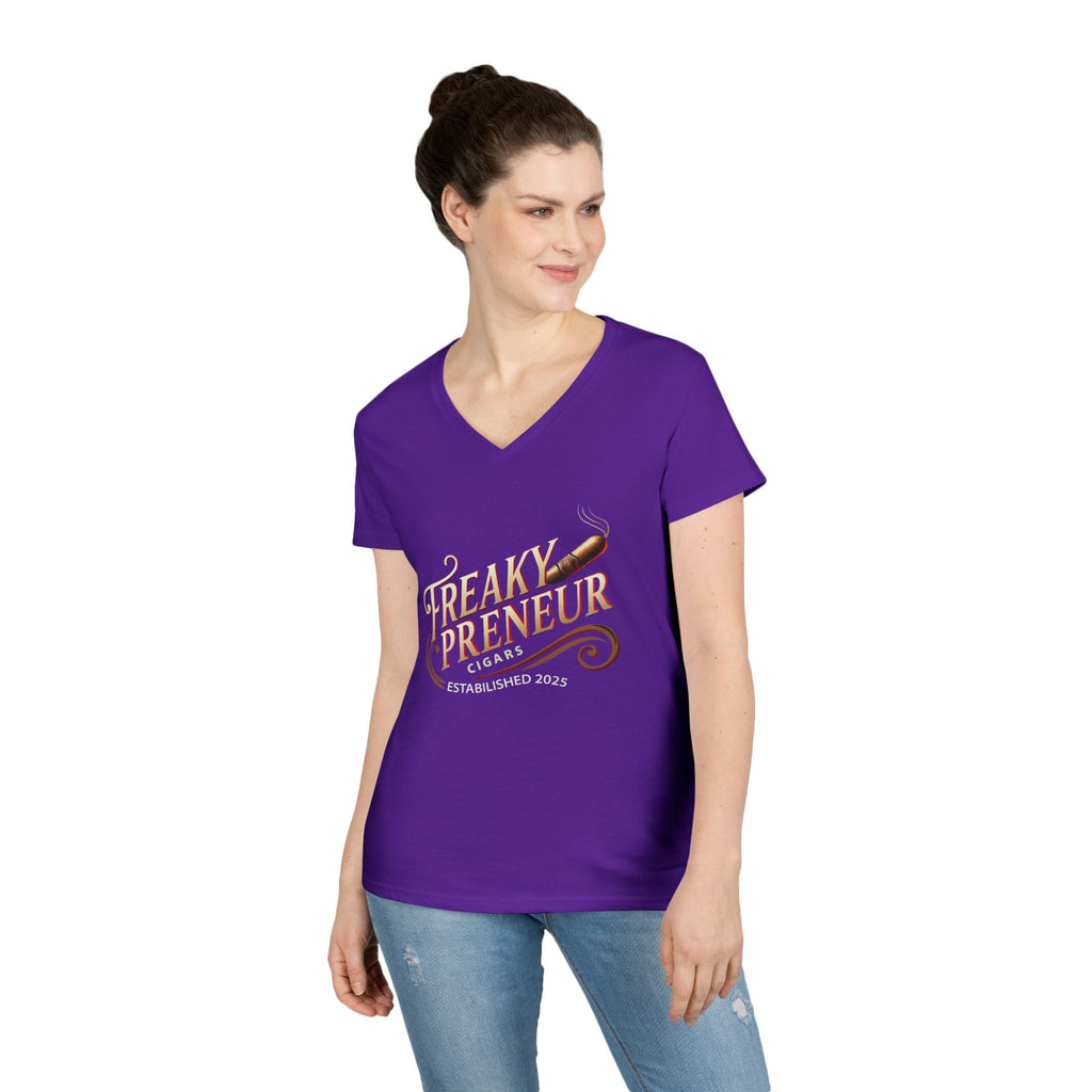 Freakypreneur V-Neck Tee — Women’s Entrepreneur T‑Shirt with Cigar Graphic & QR Code