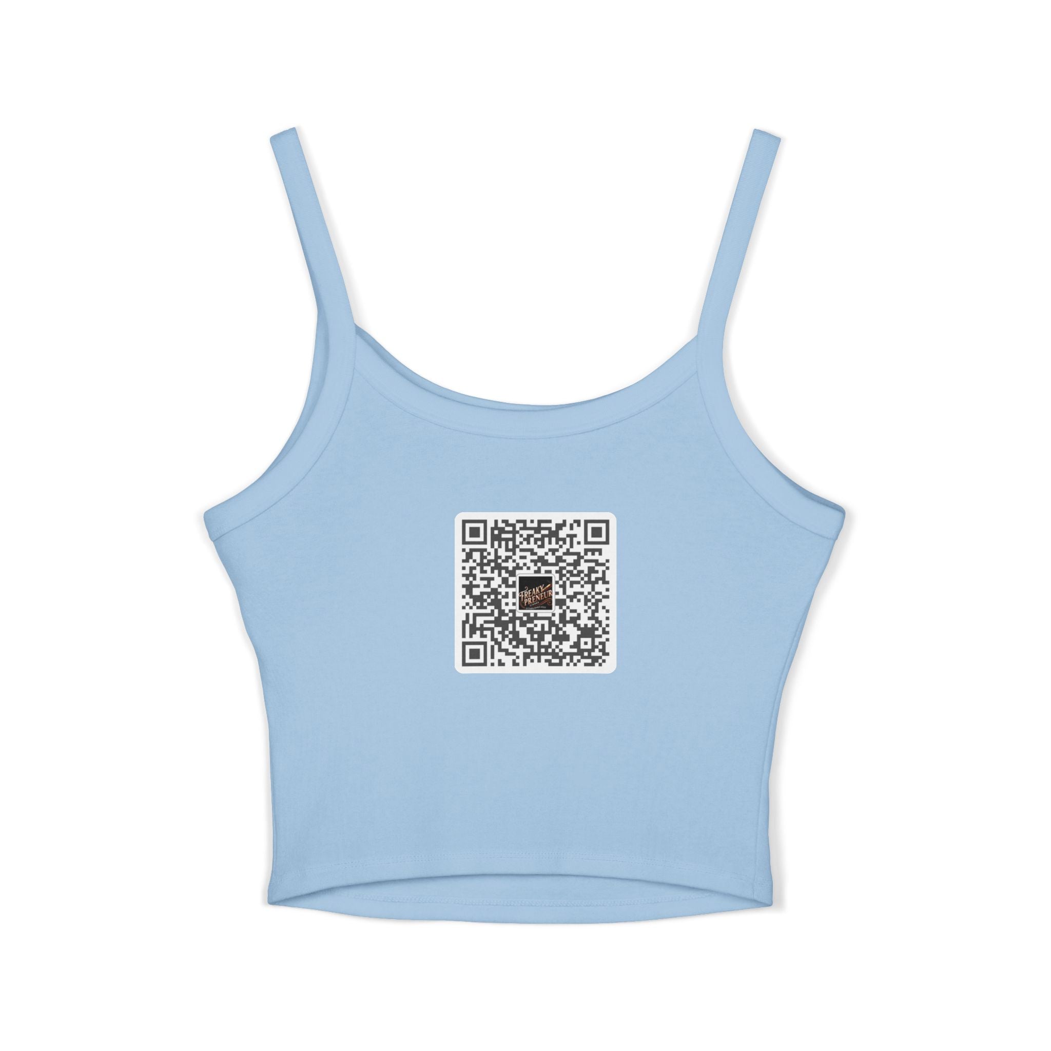 Ladies Spaghetti Tank Top — "FreakyPreNeur" Script Logo Crop with QR Code