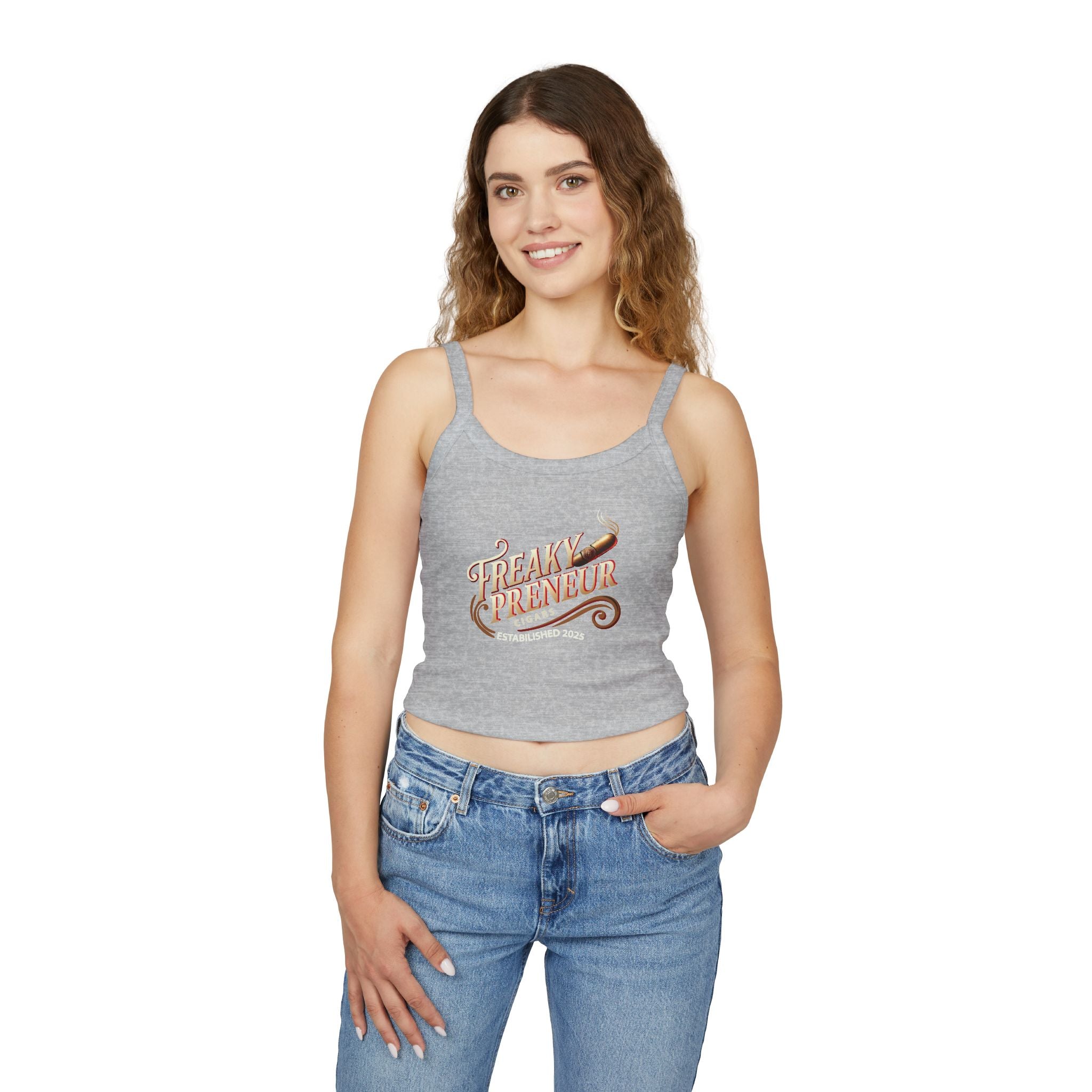 Ladies Spaghetti Tank Top — "FreakyPreNeur" Script Logo Crop with QR Code