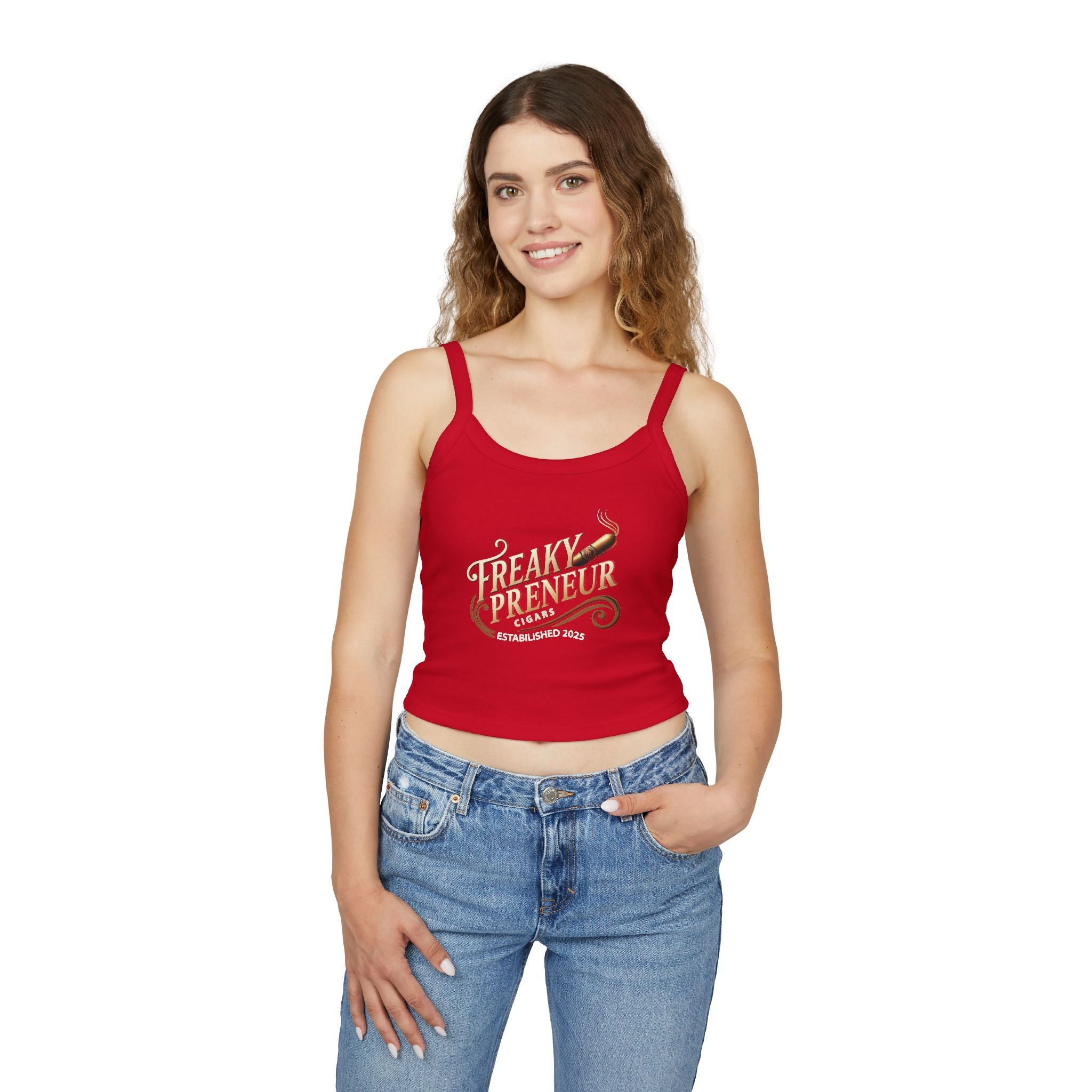 Ladies Spaghetti Tank Top — "FreakyPreNeur" Script Logo Crop with QR Code