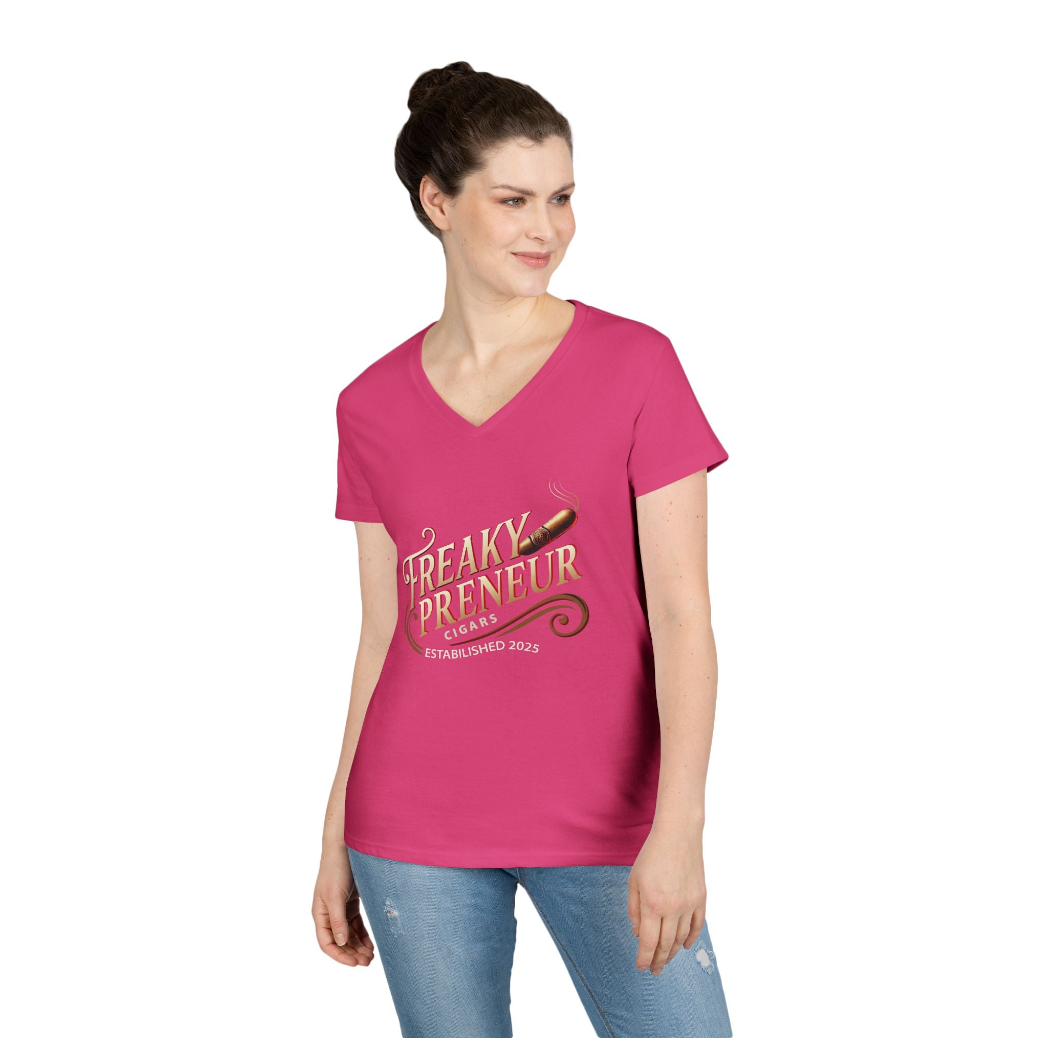 Freakypreneur V-Neck Tee — Women’s Entrepreneur T‑Shirt with Cigar Graphic & QR Code