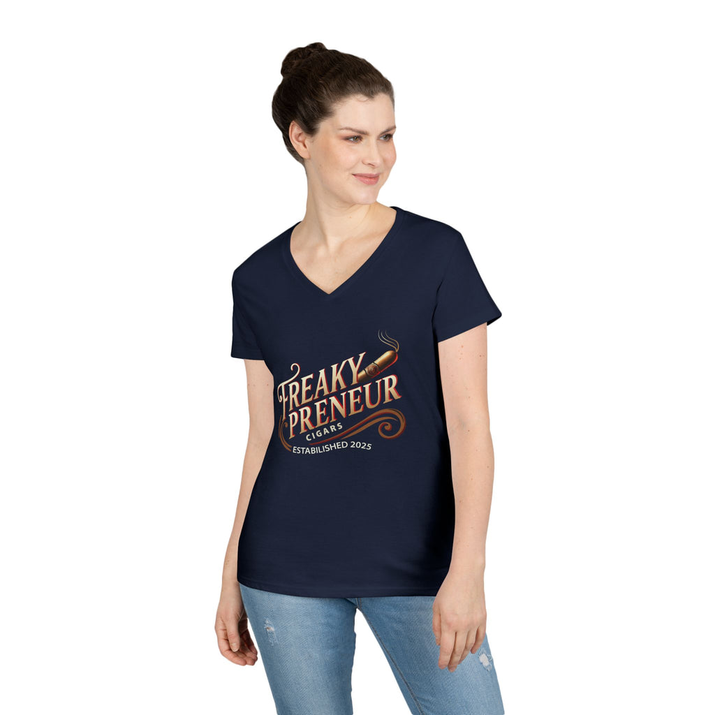 Freakypreneur V-Neck Tee — Women’s Entrepreneur T‑Shirt with Cigar Graphic & QR Code
