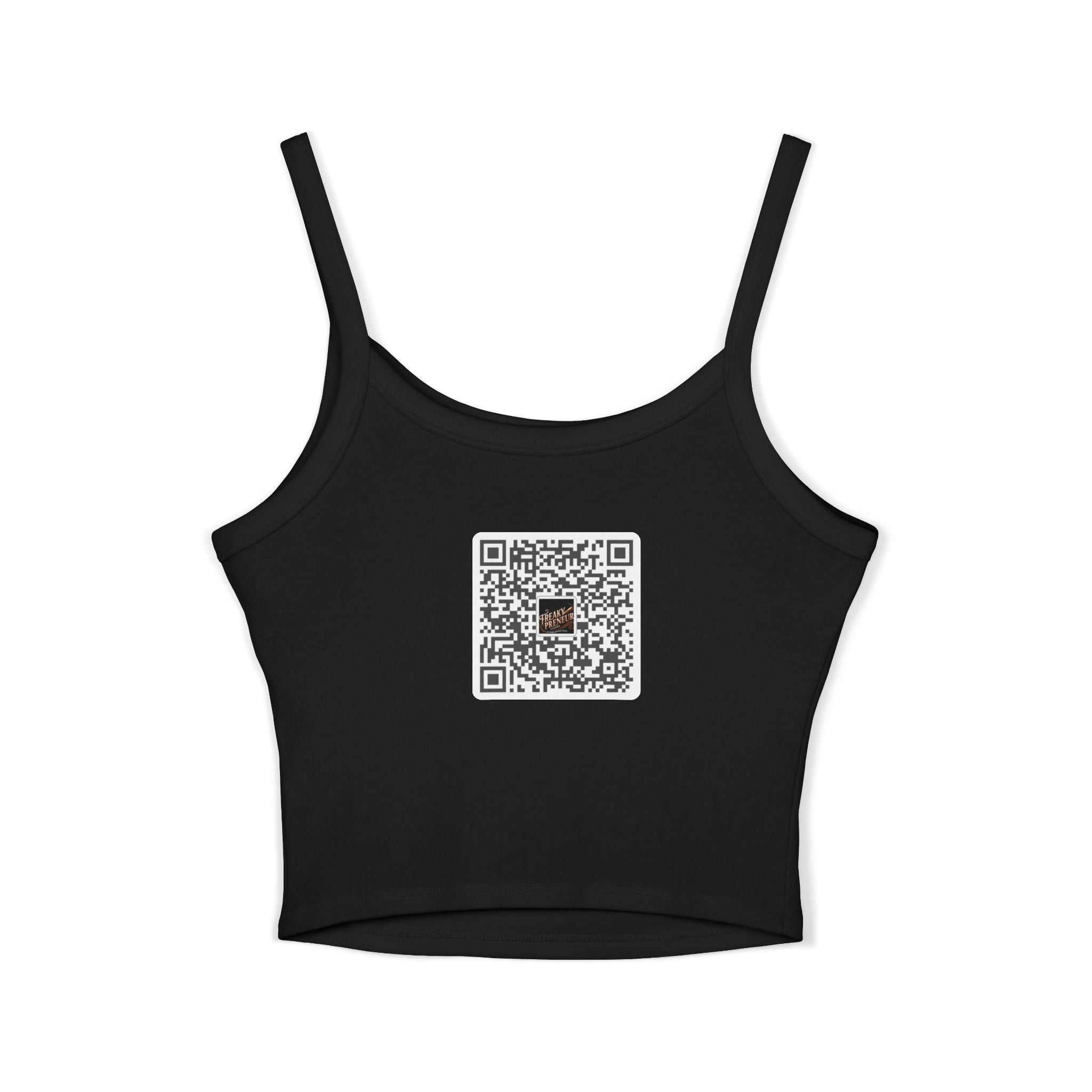 Ladies Spaghetti Tank Top — "FreakyPreNeur" Script Logo Crop with QR Code