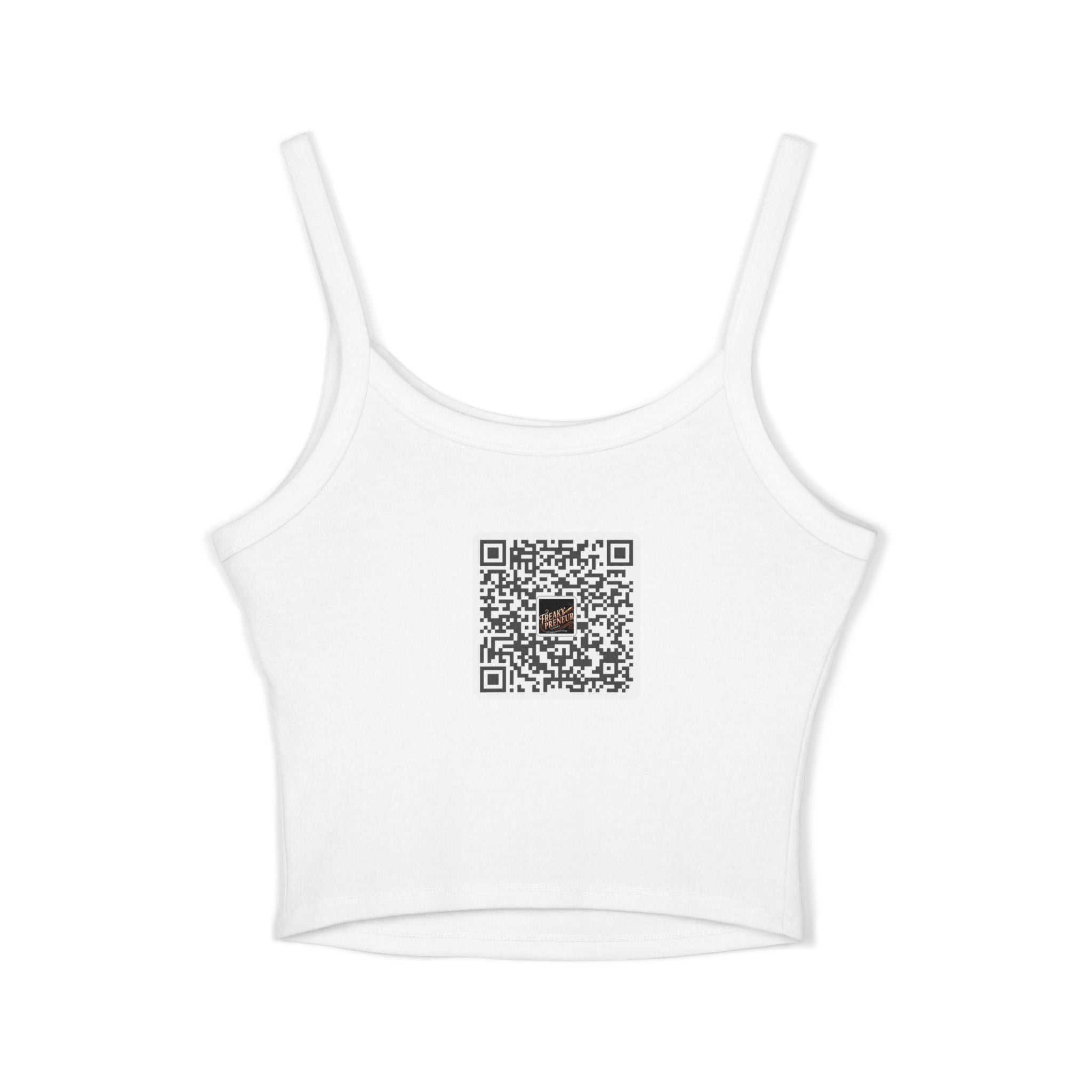 Ladies Spaghetti Tank Top — "FreakyPreNeur" Script Logo Crop with QR Code