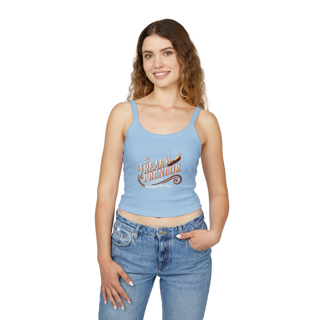 Ladies Spaghetti Tank Top — "FreakyPreNeur" Script Logo Crop with QR Code