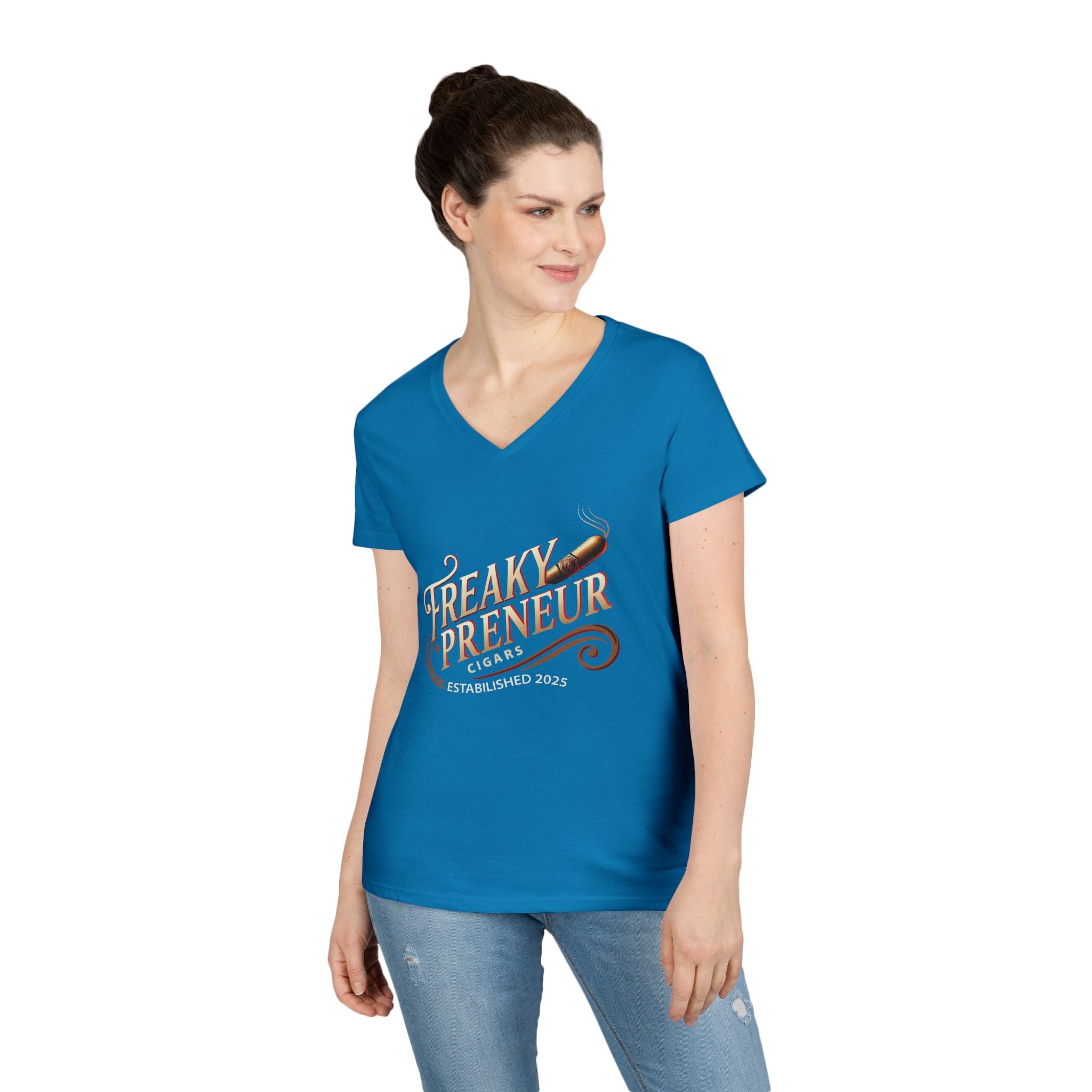 Freakypreneur V-Neck Tee — Women’s Entrepreneur T‑Shirt with Cigar Graphic & QR Code
