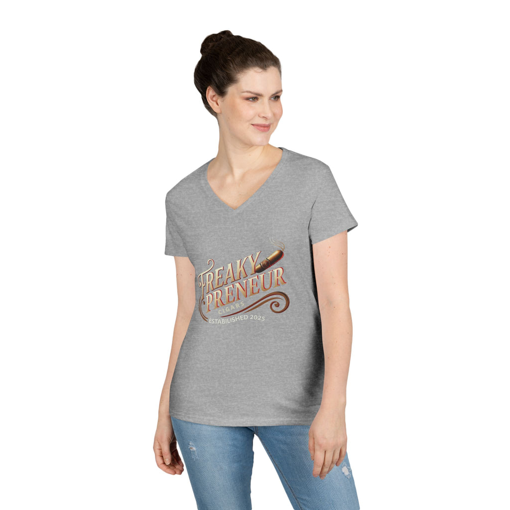 Freakypreneur V-Neck Tee — Women’s Entrepreneur T‑Shirt with Cigar Graphic & QR Code