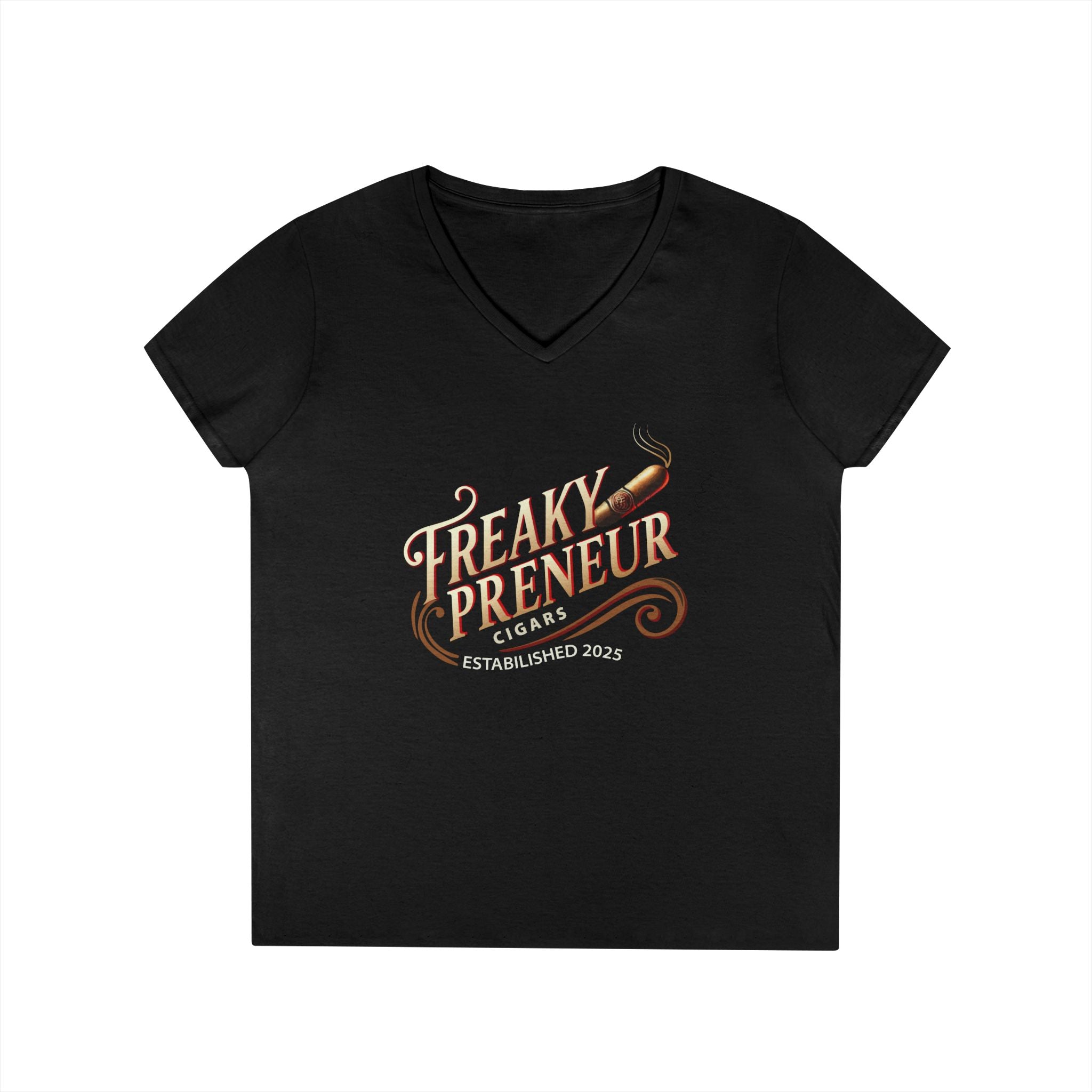 Freakypreneur V-Neck Tee — Women’s Entrepreneur T‑Shirt with Cigar Graphic & QR Code