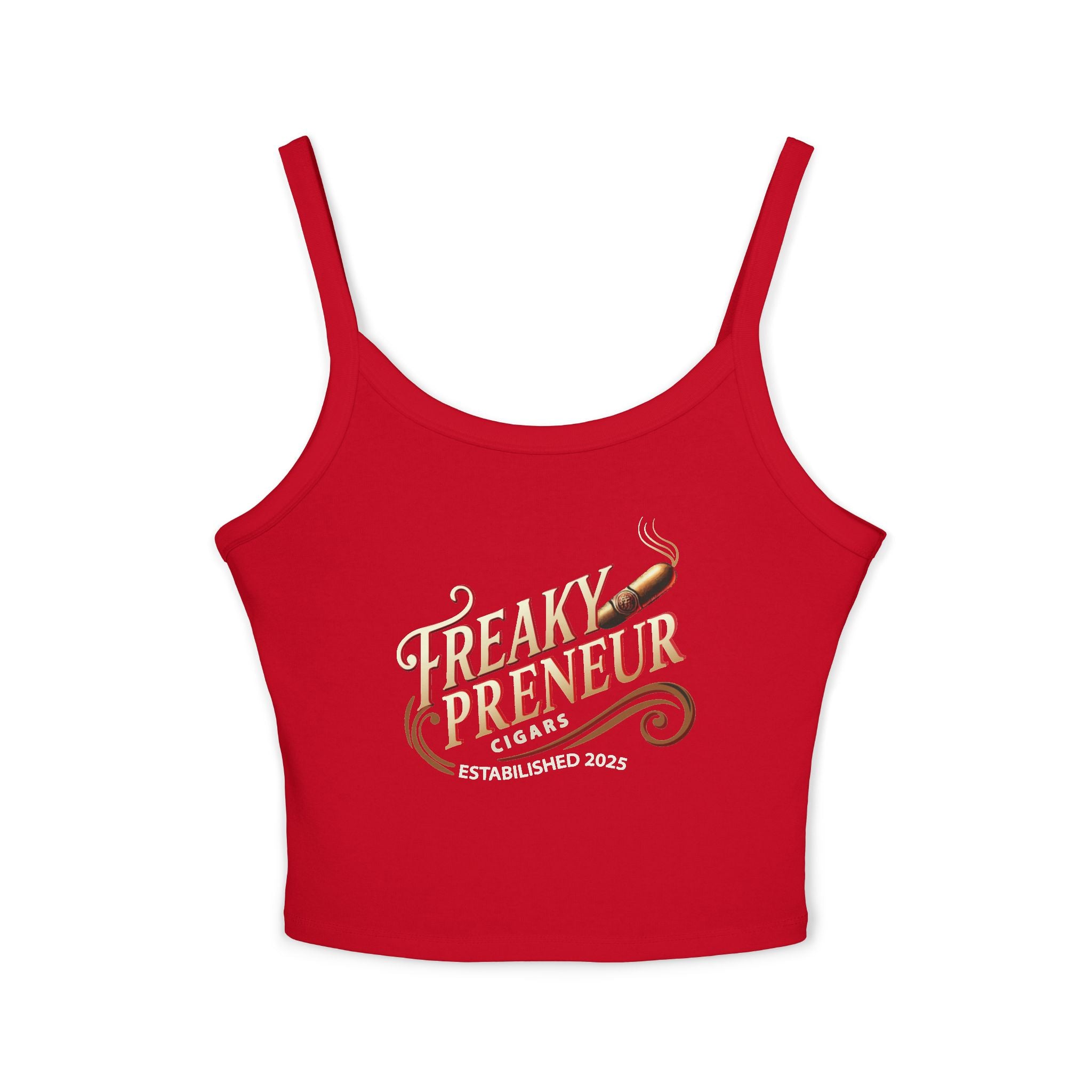 Ladies Spaghetti Tank Top — "FreakyPreNeur" Script Logo Crop with QR Code