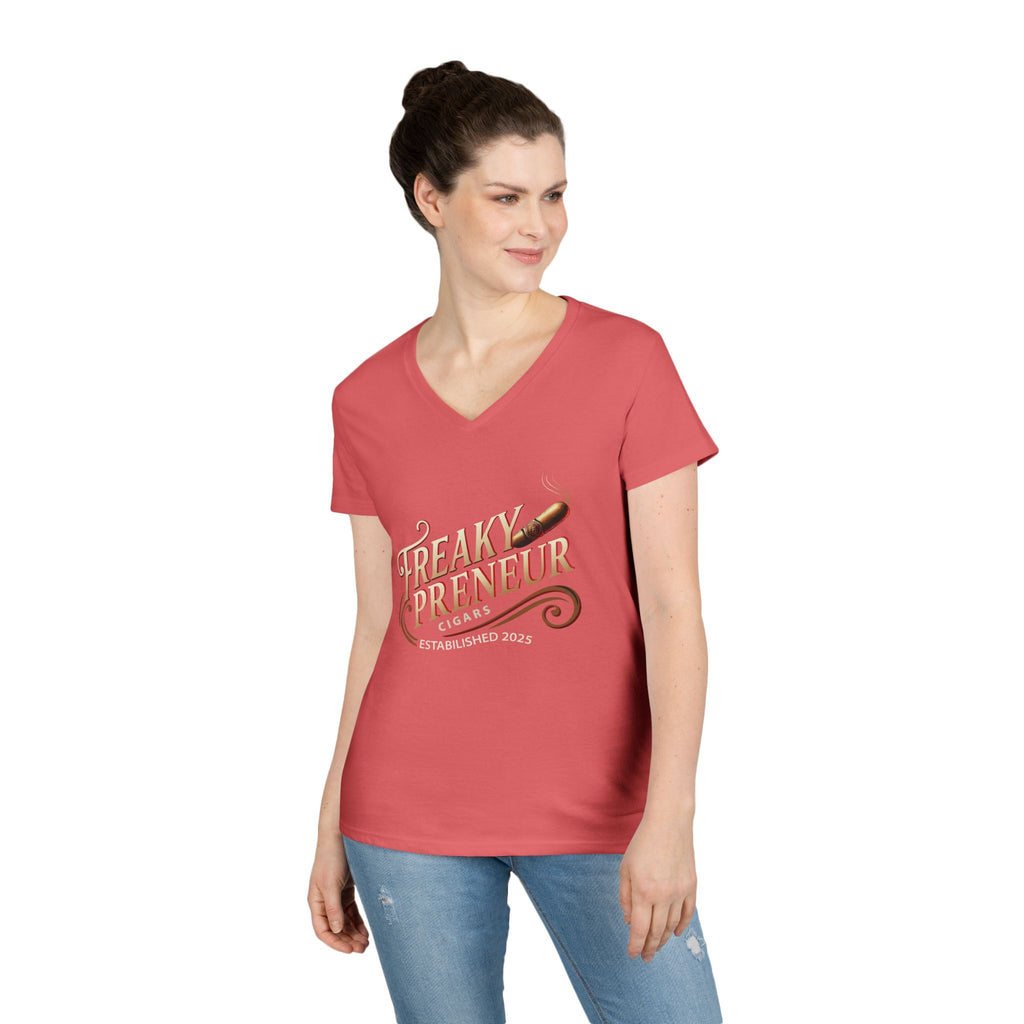 Freakypreneur V-Neck Tee — Women’s Entrepreneur T‑Shirt with Cigar Graphic & QR Code