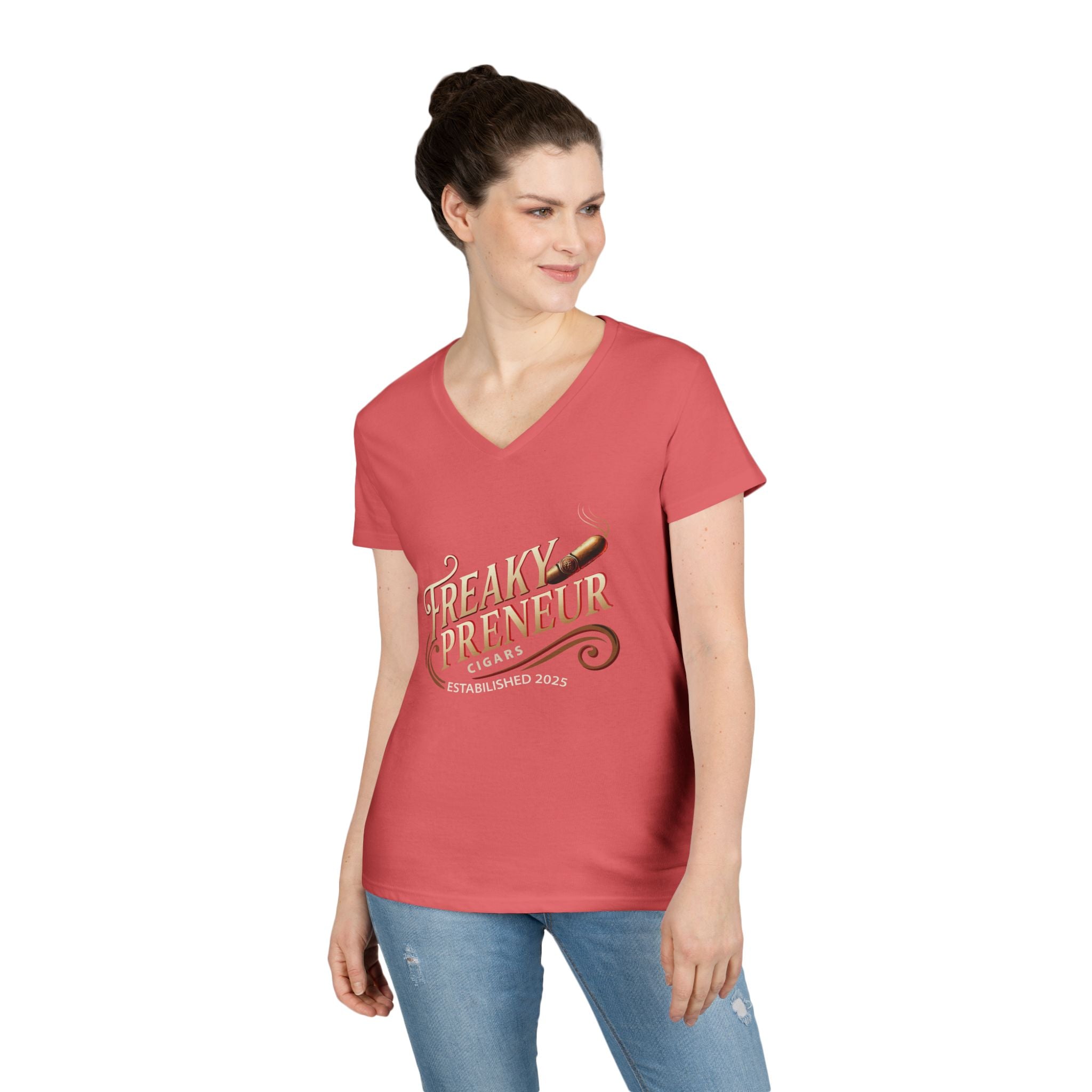 Freakypreneur V-Neck Tee — Women’s Entrepreneur T‑Shirt with Cigar Graphic & QR Code