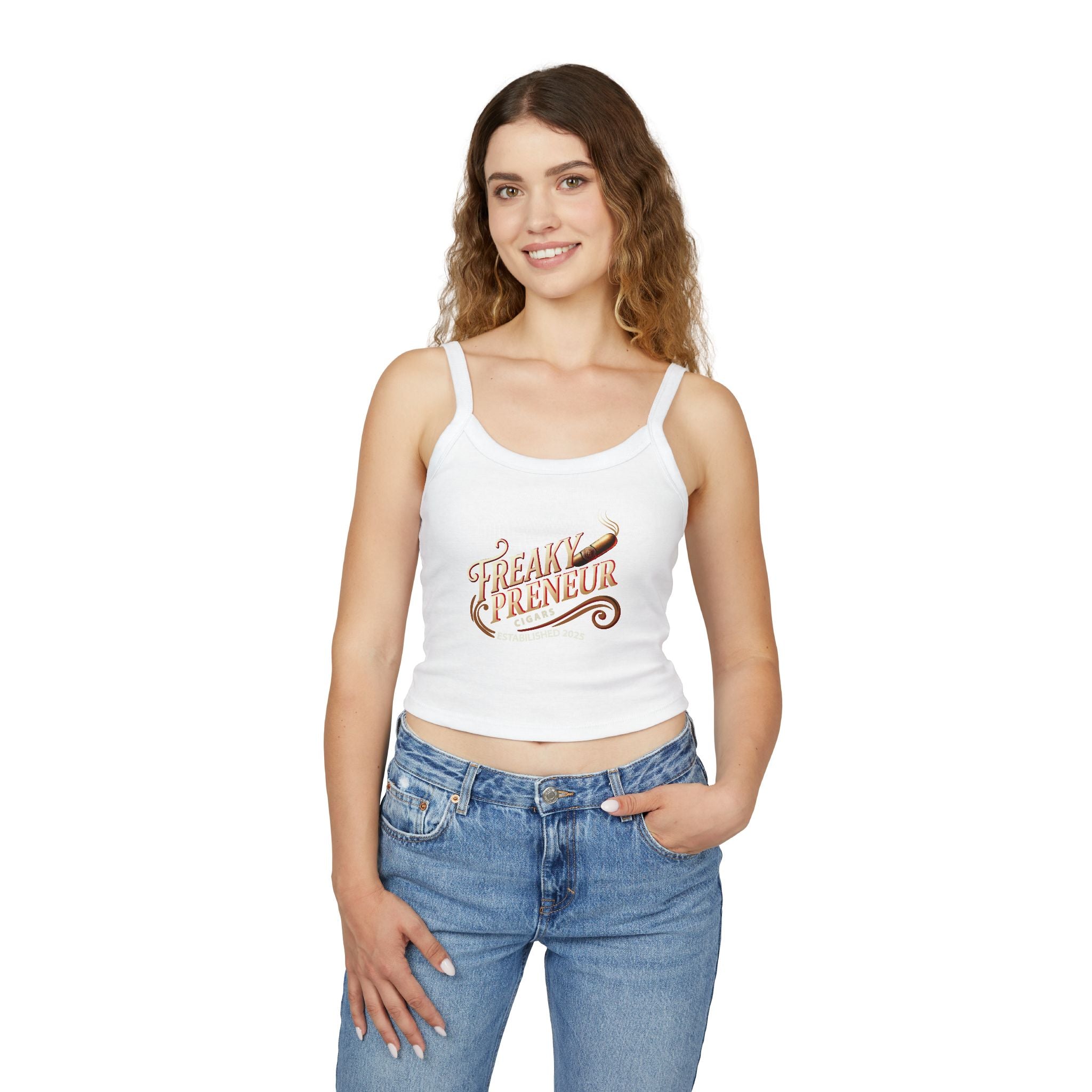 Ladies Spaghetti Tank Top — "FreakyPreNeur" Script Logo Crop with QR Code