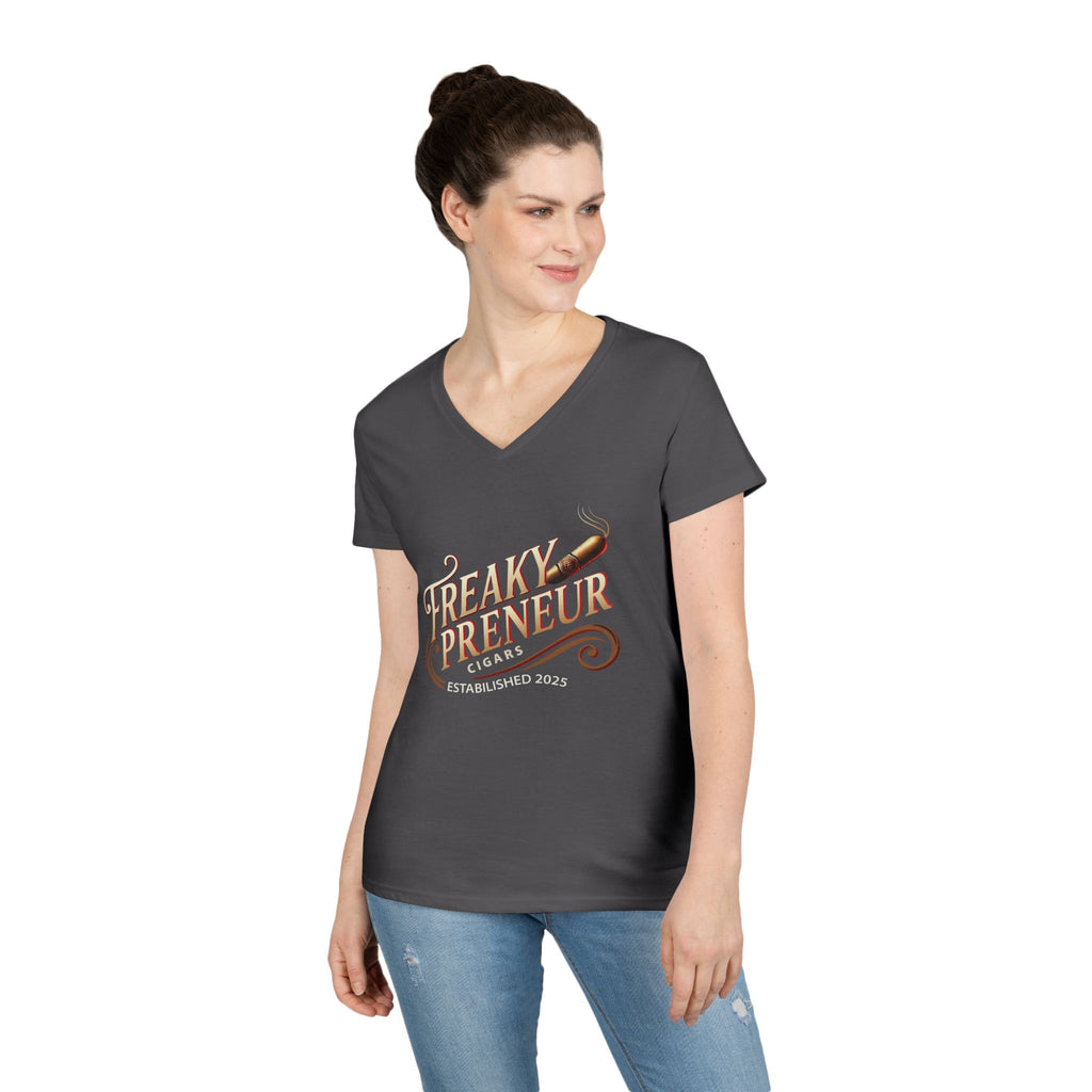 Freakypreneur V-Neck Tee — Women’s Entrepreneur T‑Shirt with Cigar Graphic & QR Code