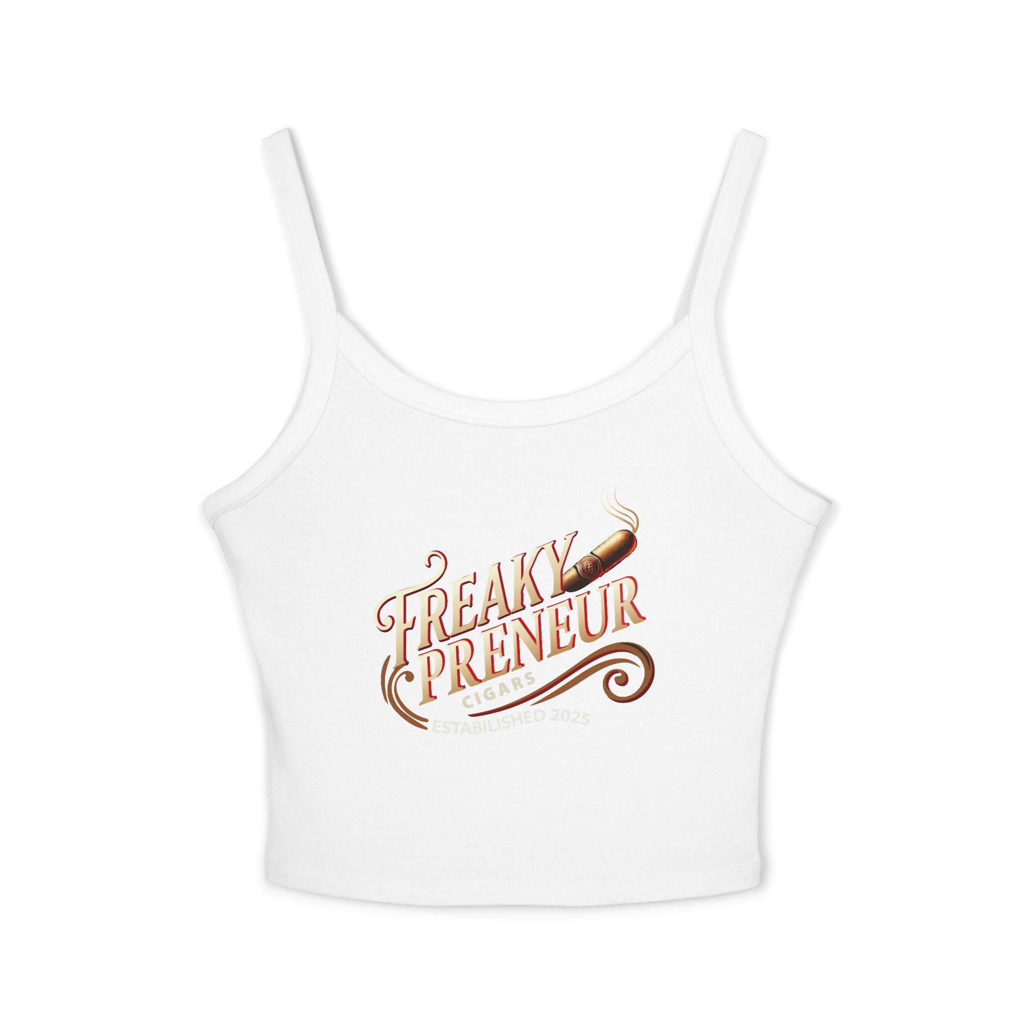 Ladies Spaghetti Tank Top — "FreakyPreNeur" Script Logo Crop with QR Code