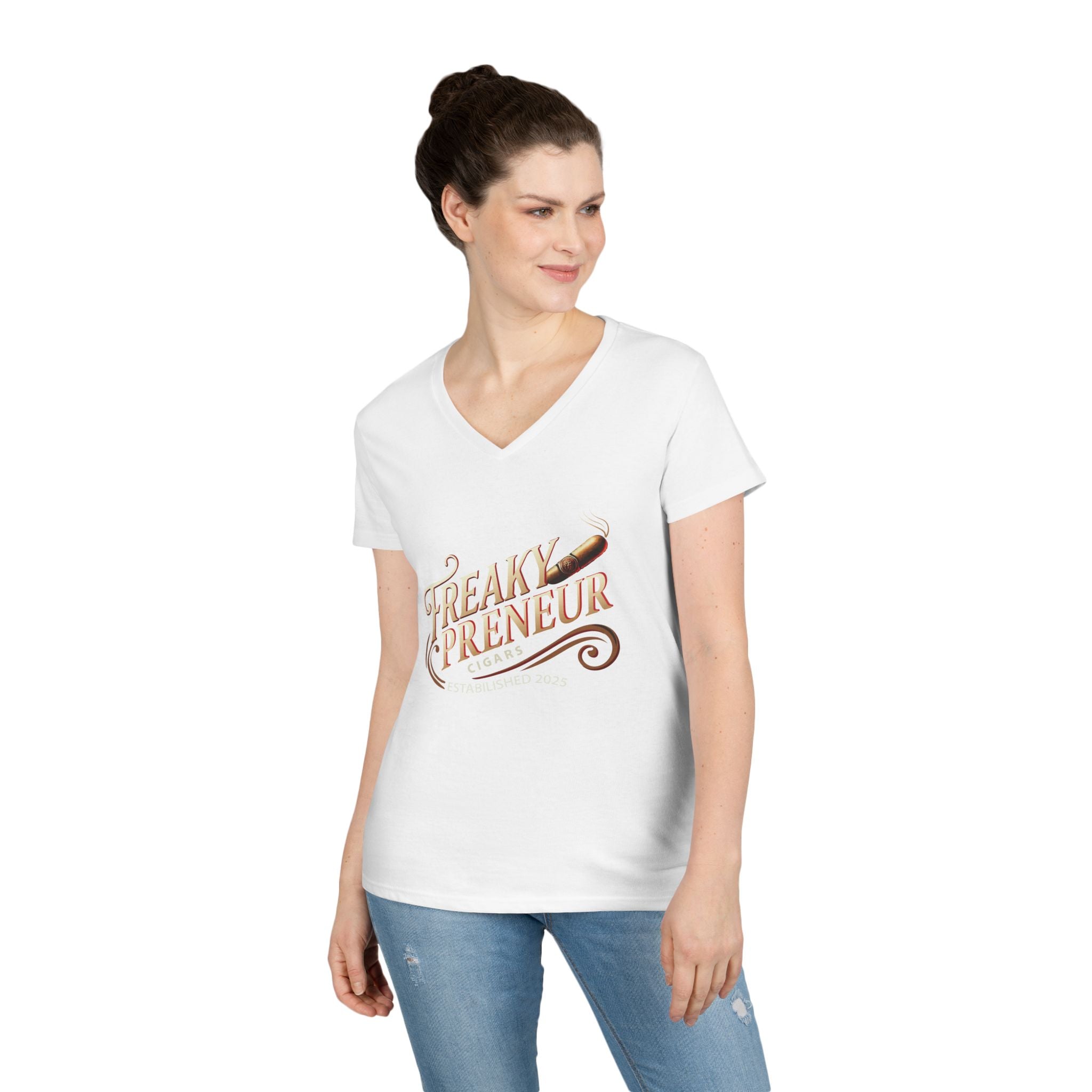 Freakypreneur V-Neck Tee — Women’s Entrepreneur T‑Shirt with Cigar Graphic & QR Code