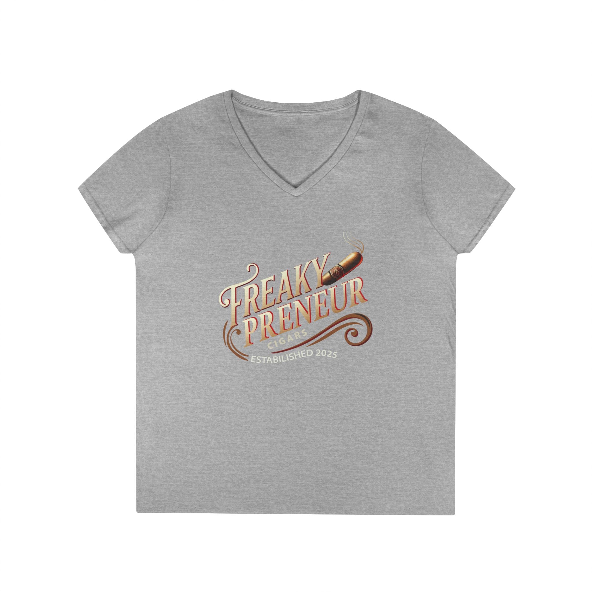 Freakypreneur V-Neck Tee — Women’s Entrepreneur T‑Shirt with Cigar Graphic & QR Code