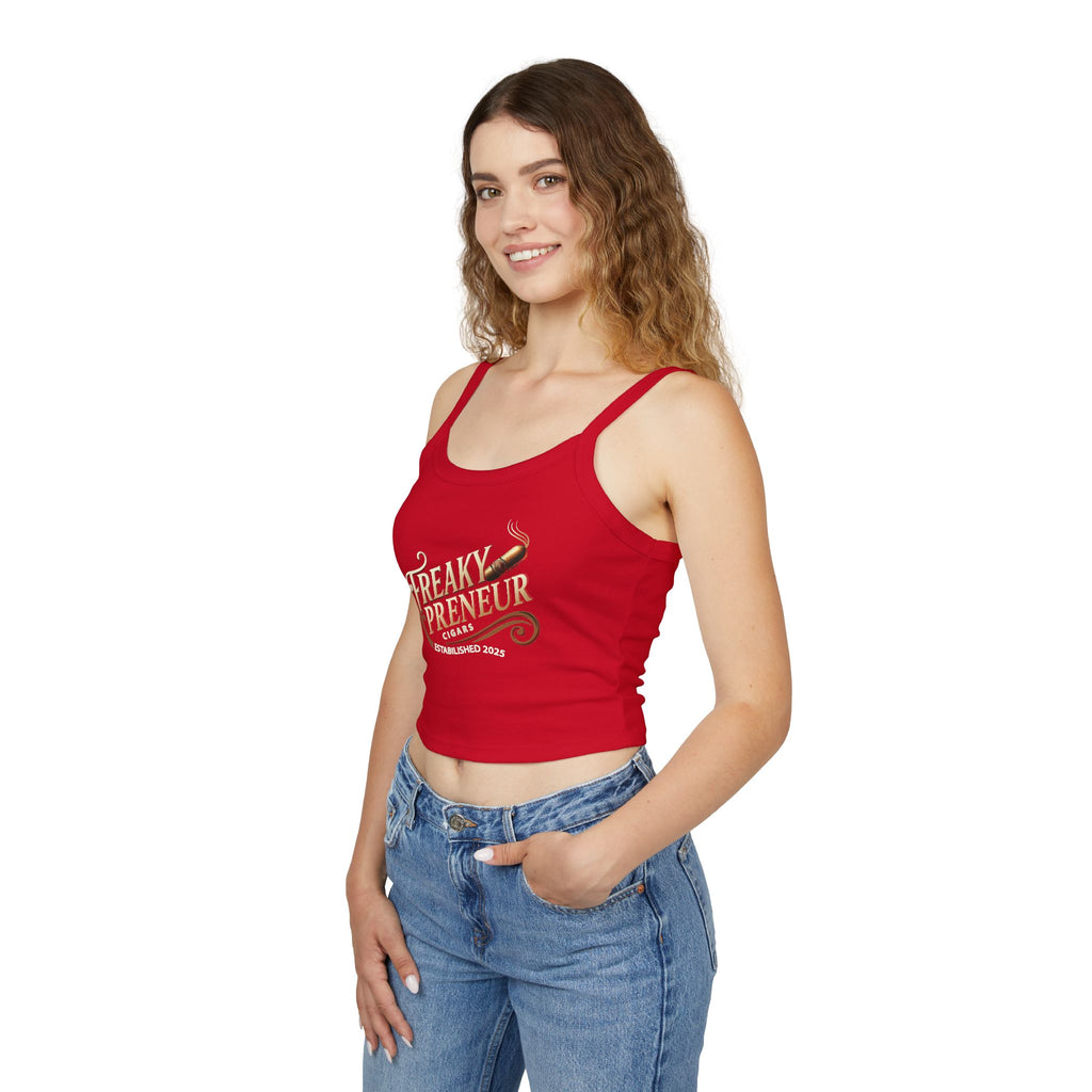 Ladies Spaghetti Tank Top — "FreakyPreNeur" Script Logo Crop with QR Code