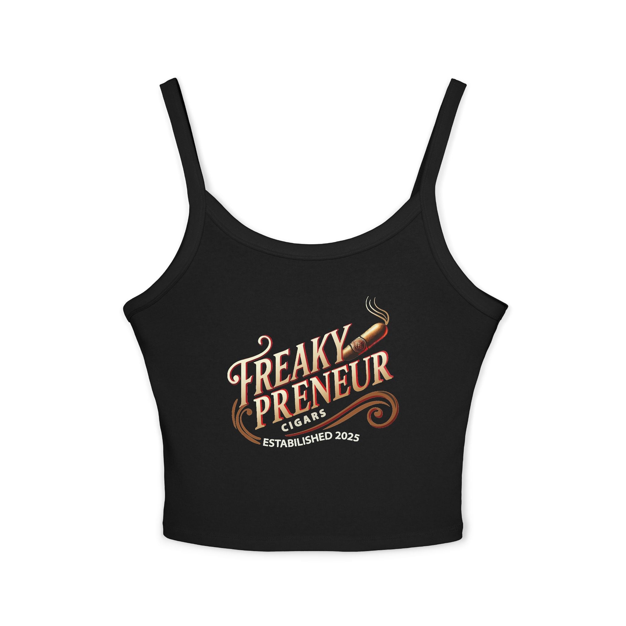 Ladies Spaghetti Tank Top — "FreakyPreNeur" Script Logo Crop with QR Code