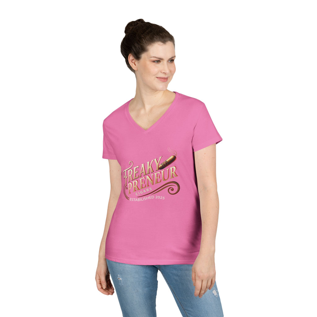 Freakypreneur V-Neck Tee — Women’s Entrepreneur T‑Shirt with Cigar Graphic & QR Code