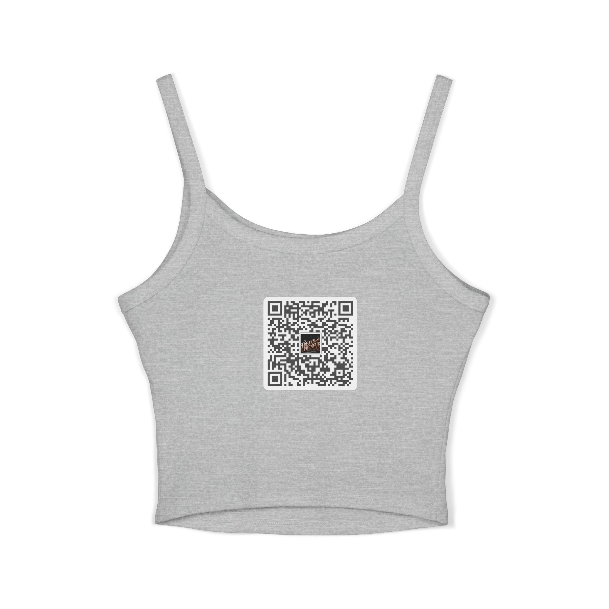 Ladies Spaghetti Tank Top — "FreakyPreNeur" Script Logo Crop with QR Code