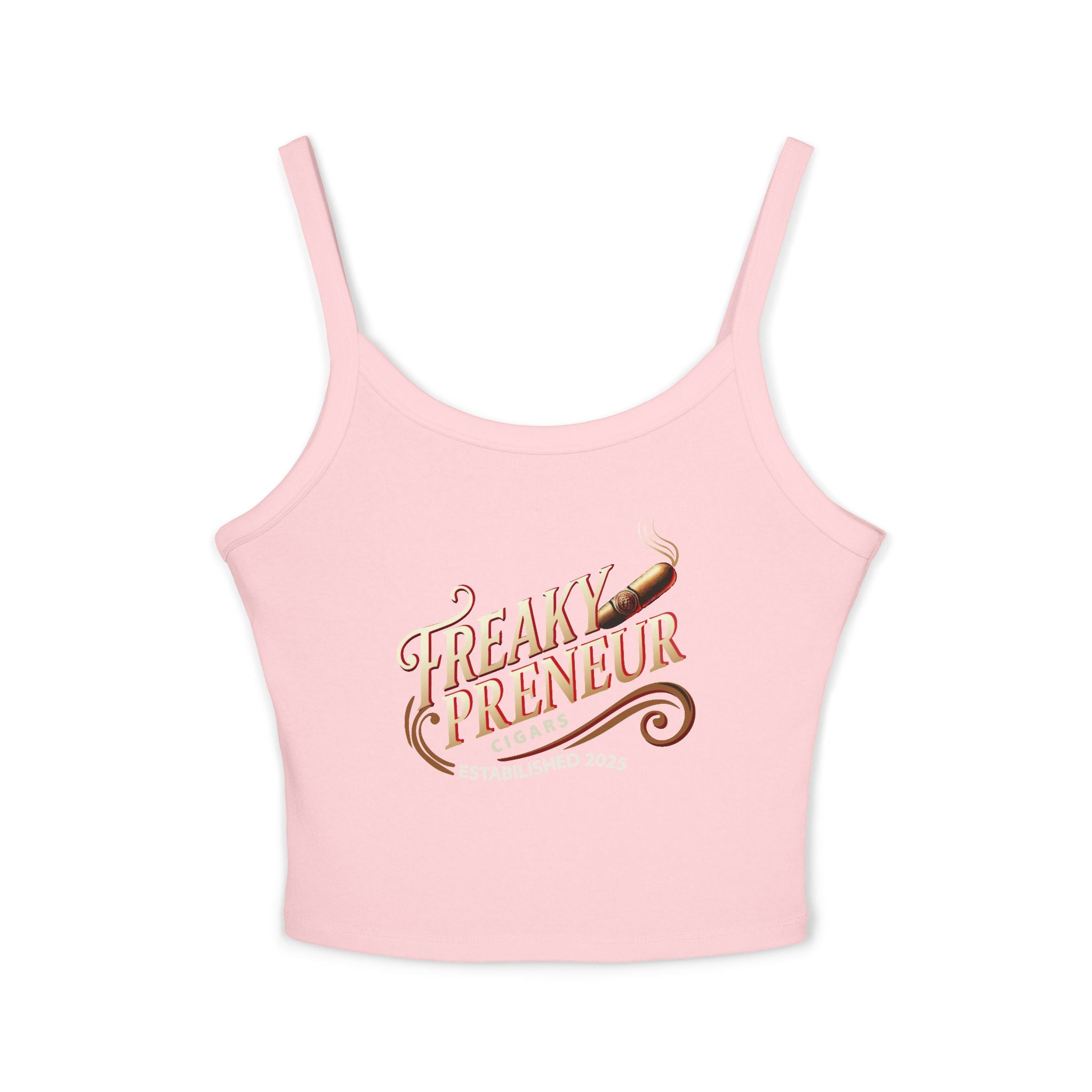 Ladies Spaghetti Tank Top — "FreakyPreNeur" Script Logo Crop with QR Code