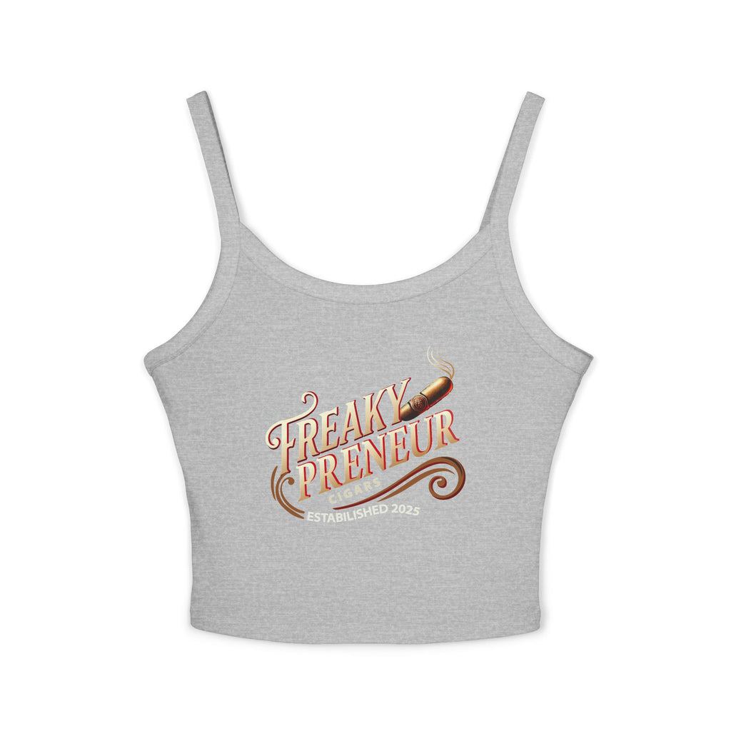 Ladies Spaghetti Tank Top — "FreakyPreNeur" Script Logo Crop with QR Code