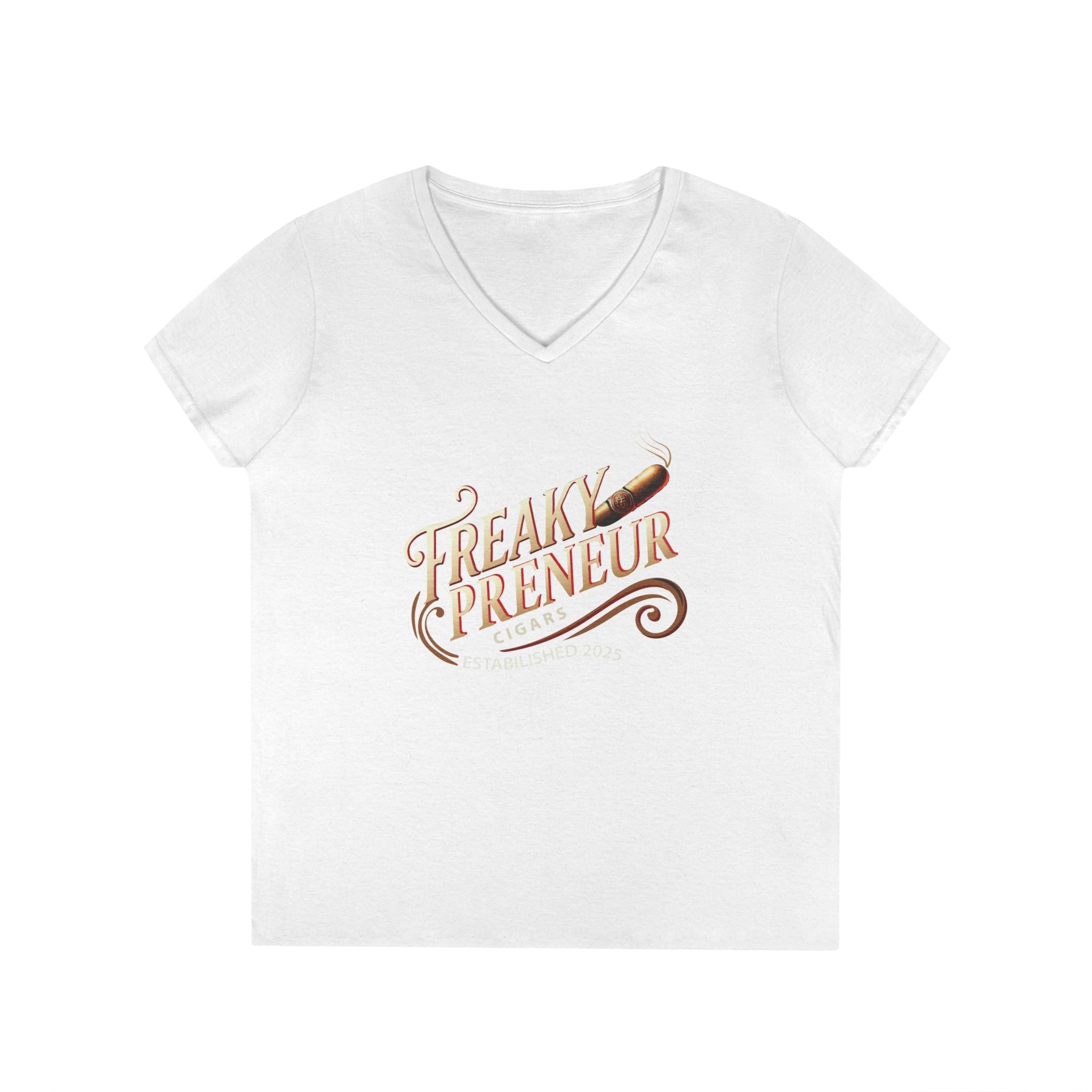 Freakypreneur V-Neck Tee — Women’s Entrepreneur T‑Shirt with Cigar Graphic & QR Code