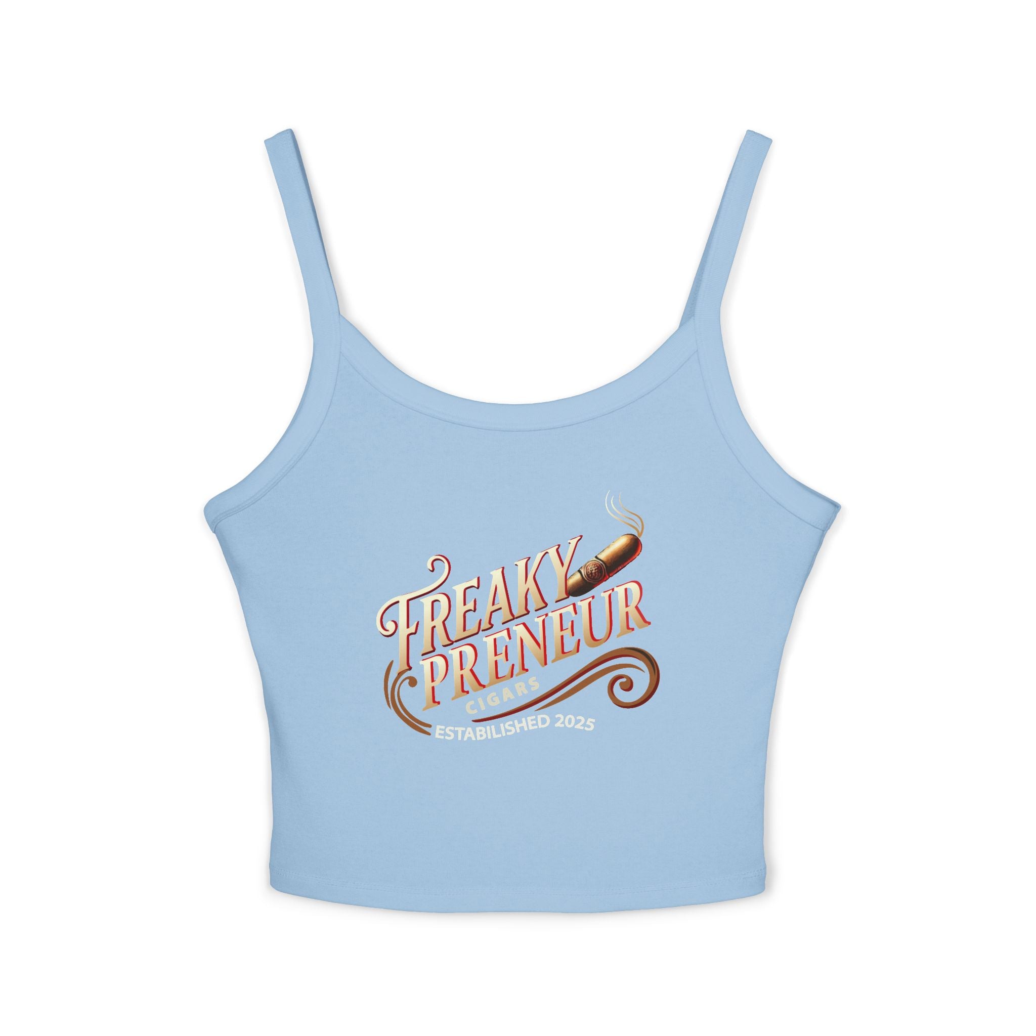 Ladies Spaghetti Tank Top — "FreakyPreNeur" Script Logo Crop with QR Code