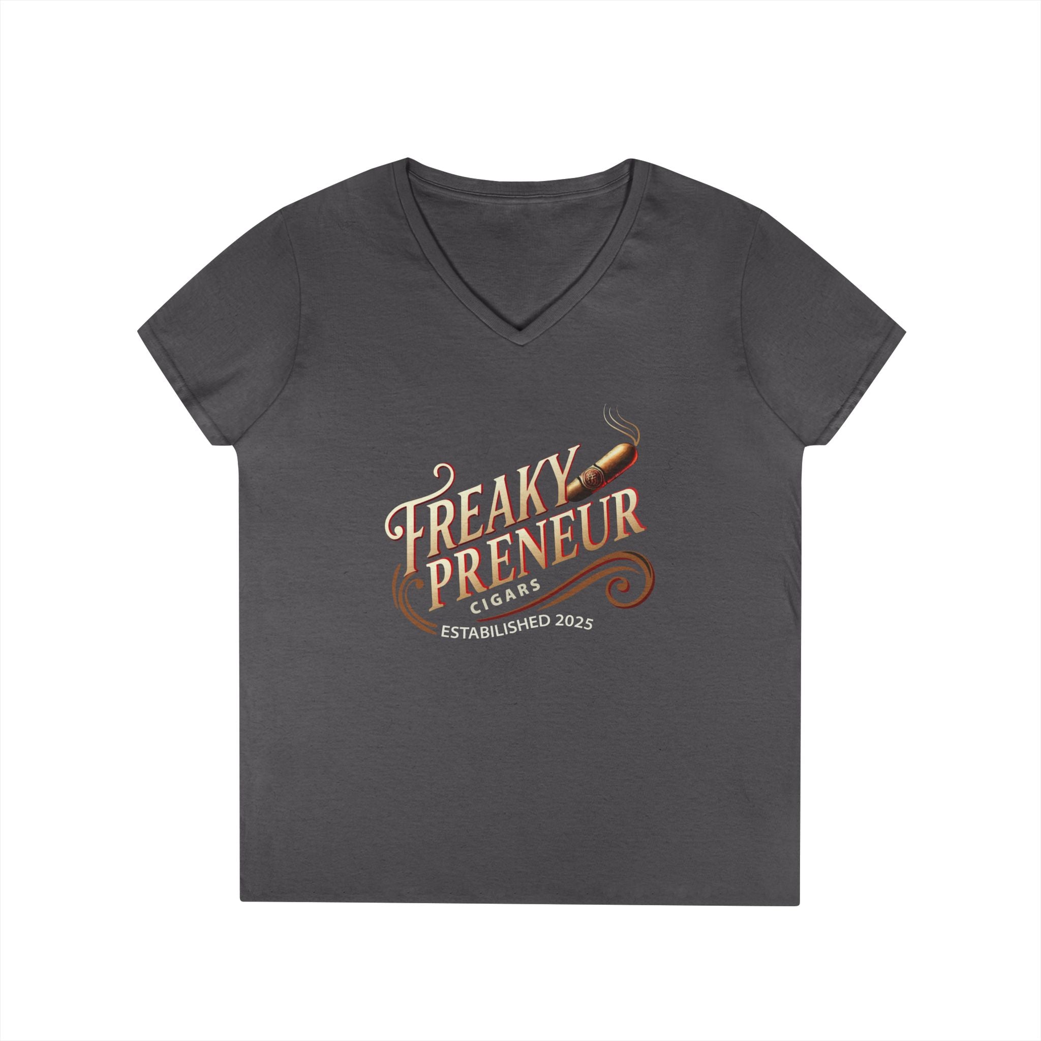 Freakypreneur V-Neck Tee — Women’s Entrepreneur T‑Shirt with Cigar Graphic & QR Code